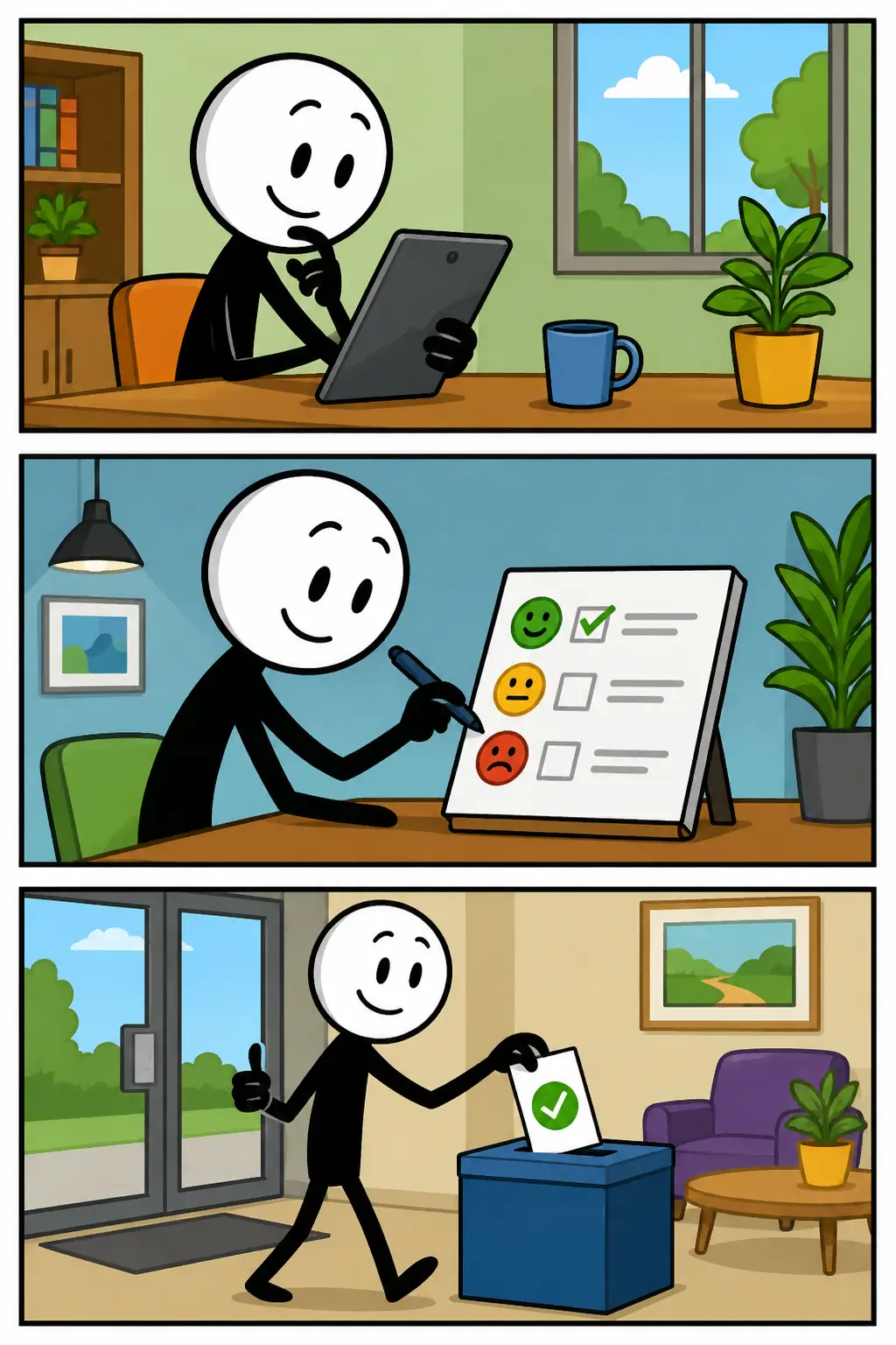 Enquête. Een stickman vult een vragenlijst in op een tablet in een park. Daarna bekijkt de stickman verzamelde antwoorden op een scherm. In het laatste paneel worden resultaten zichtbaar gemaakt met grafieken en statistieken in een modern onderzoekscentrum.