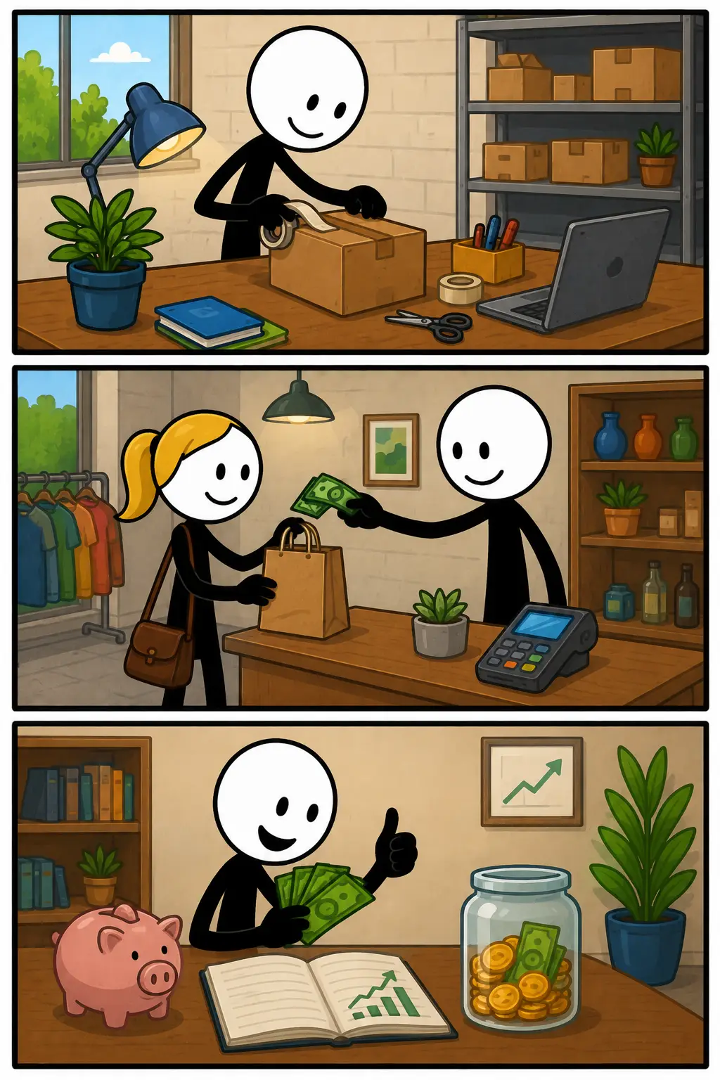 Geld verdienen: een Toonwords-strip met drie panelen onder elkaar. Een stickman maakt of levert eerst iets van waarde, ontvangt daarna een betaling voor zijn werk en beheert vervolgens de opbrengst. De afbeelding laat zien hoe geld verdienen ontstaat door inspanning, handel of dienstverlening, waarna inkomsten kunnen worden gebruikt of gespaard voor toekomstige doelen.