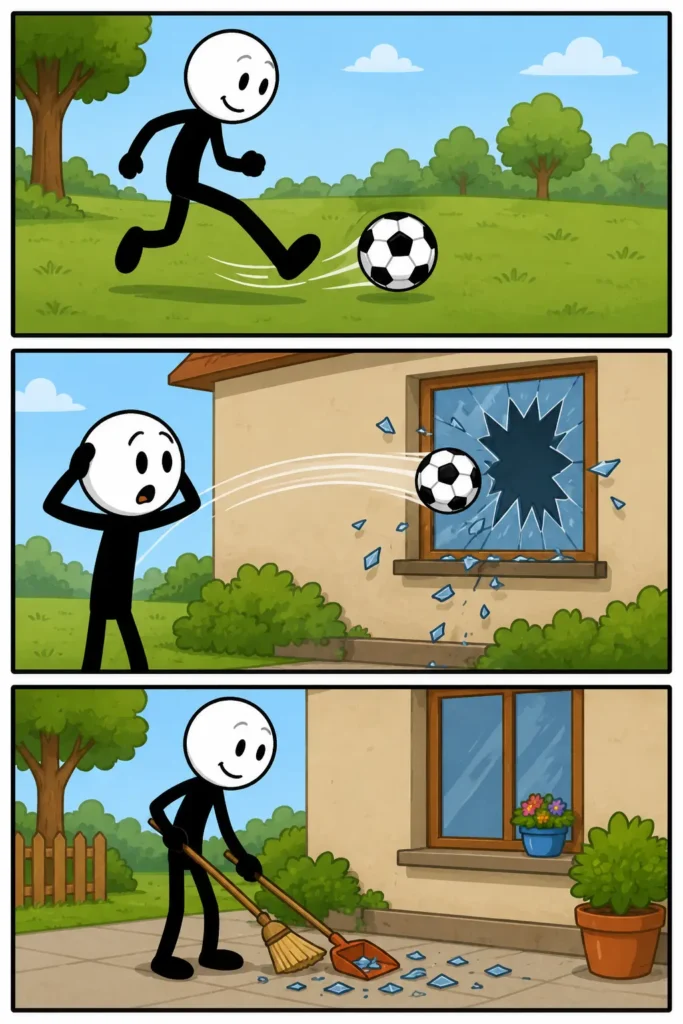 Gevolg: een stickman schopt een bal op een grasveld, waarna een raam breekt bij een huis en later het glas wordt opgeruimd als resultaat van de eerdere gebeurtenis.