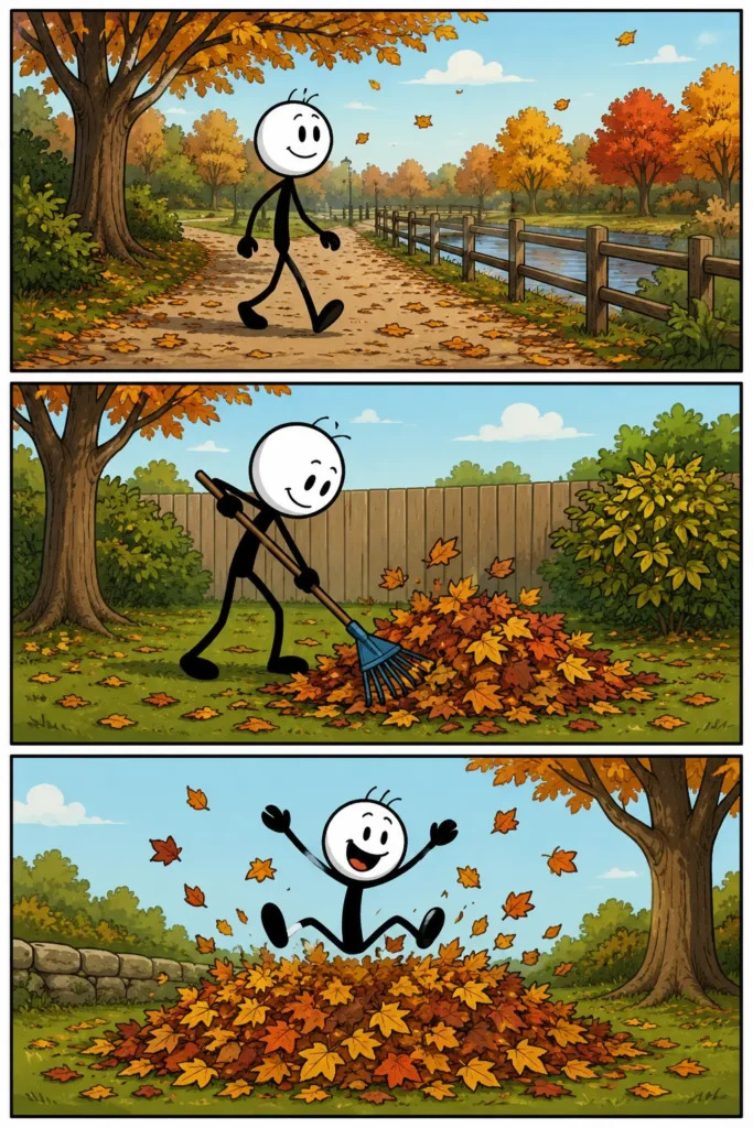 Herfst – Een vrolijke stripafbeelding met drie panelen waarin een stickfiguur geniet van de herfst door een wandeling tussen kleurrijke bomen te maken, bladeren bij elkaar te harken en vervolgens blij in een grote bladerenhoop te springen.