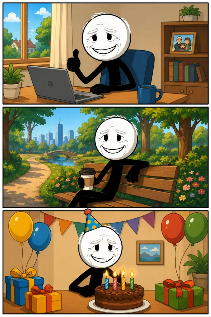 Hide the Pain Harold – Een stripafbeelding met drie panelen waarin een stickfiguur in verschillende dagelijkse situaties een glimlach toont die een verborgen gevoel van ongemak of pijn probeert te verbergen.