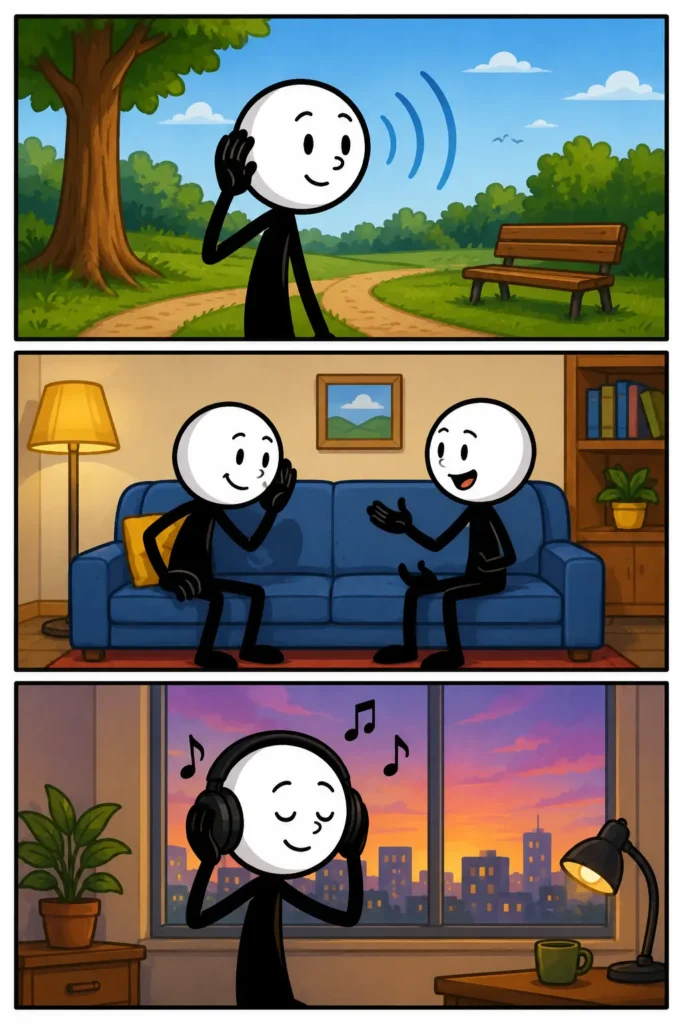 Horen - Een stickman vangt geluiden uit de omgeving op, luistert aandachtig naar een gesprek en geniet daarna ontspannen van muziek via een koptelefoon.