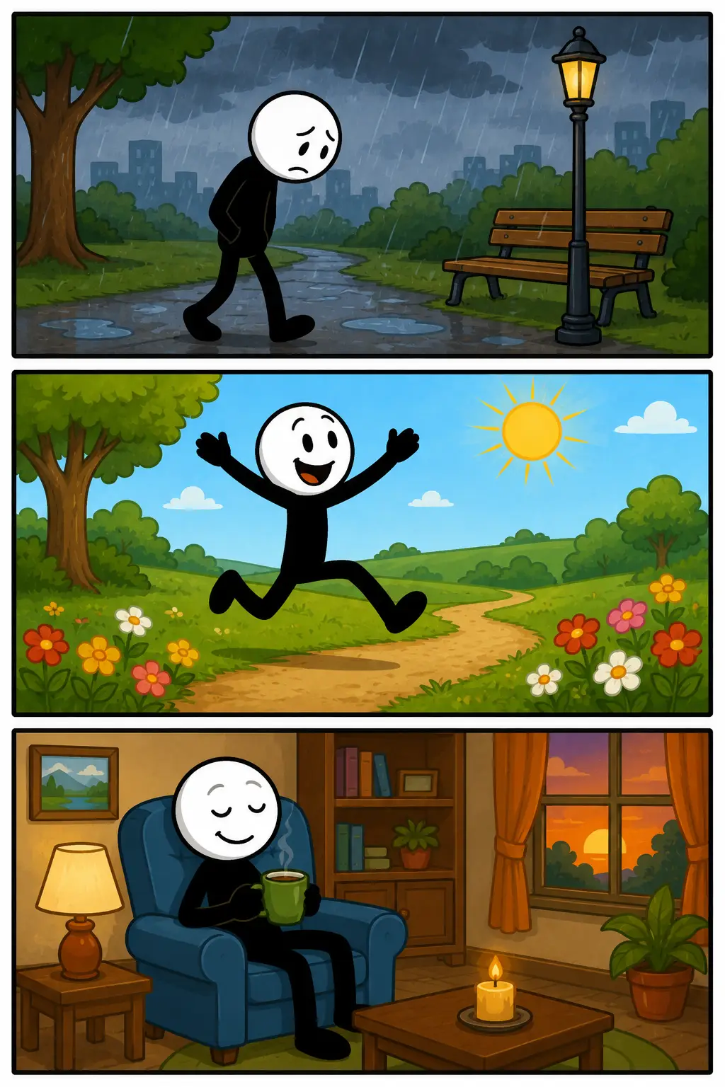 Humeur: een stickman beleeft verschillende stemmingen in drie momenten; eerst somber tijdens regenachtig weer, daarna vrolijk in een zonnig landschap en uiteindelijk ontspannen in een rustige kamer met een warme drank.