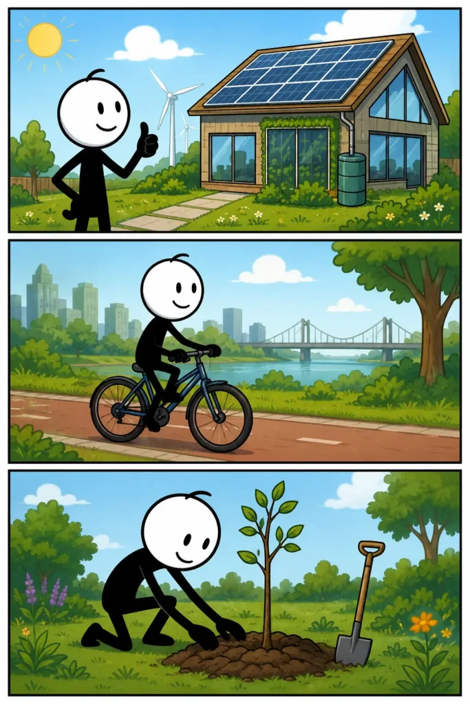 Klimaat-strip met drie panelen: een duurzame woning met zonnepanelen en windmolens, een fietstocht langs een rivier in een groene stad en het planten van een jonge boom in een park. De scènes tonen activiteiten die samenhangen met zorg voor klimaat en leefomgeving.