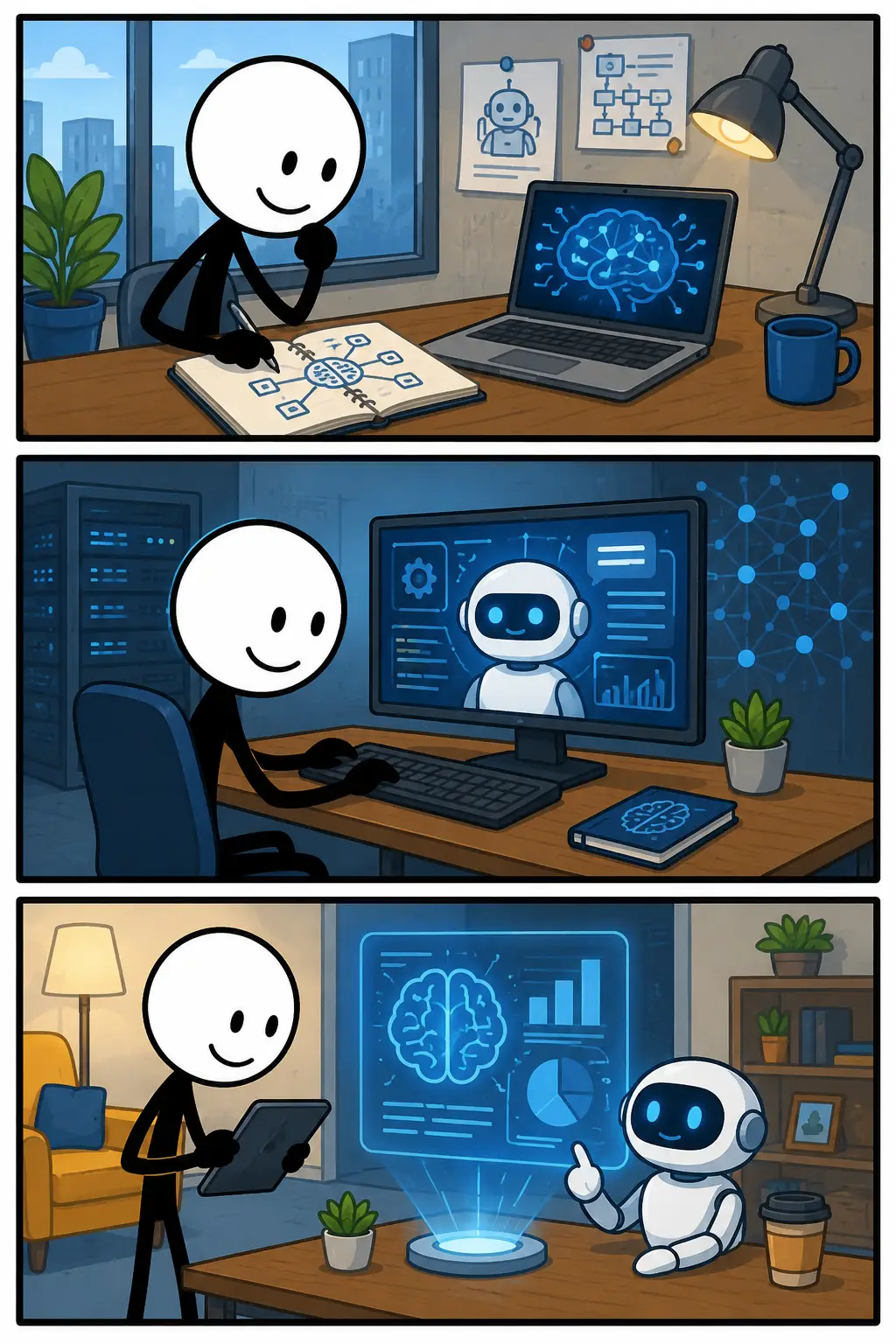 Kunstmatige intelligentie: een Toonwords-strip met drie panelen onder elkaar. Een stickman gebruikt een slimme computer om informatie in te voeren, bekijkt vervolgens hoe de computer gegevens verwerkt en ontvangt daarna bruikbare resultaten op een scherm. De afbeelding laat zien hoe kunstmatige intelligentie gegevens analyseert, patronen herkent en ondersteuning biedt bij het uitvoeren van taken.