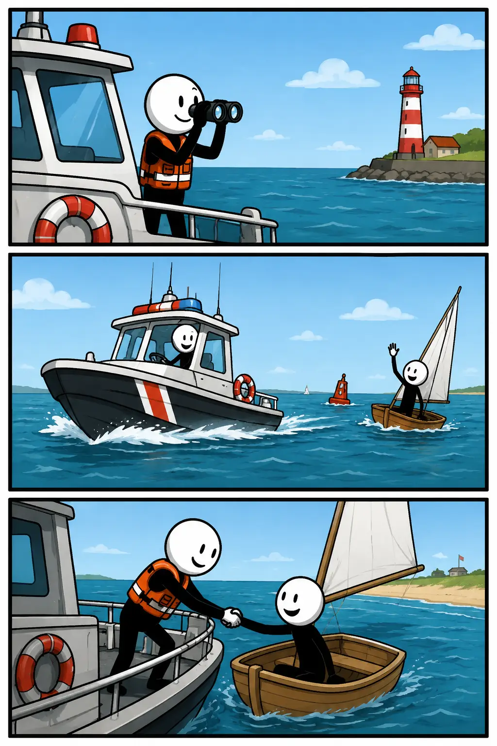 Kustwacht-strip in drie panelen: een kustwachter houdt vanaf een patrouilleboot de zee in de gaten bij een vuurtoren, vaart naar een kleine zeilboot op open water en helpt vervolgens een schipper veilig vanaf het bootje.