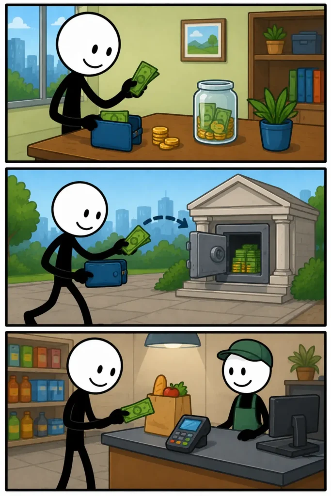 Liquiditeit: een Toonwords-strip met drie panelen onder elkaar. Een stickman beheert geld en bezittingen, zet middelen beschikbaar voor gebruik en kan daarna snel een betaling of uitgave doen. De afbeelding laat zien hoe liquiditeit helpt om financiële verplichtingen tijdig na te komen doordat geld of waarde gemakkelijk beschikbaar is wanneer dat nodig is.