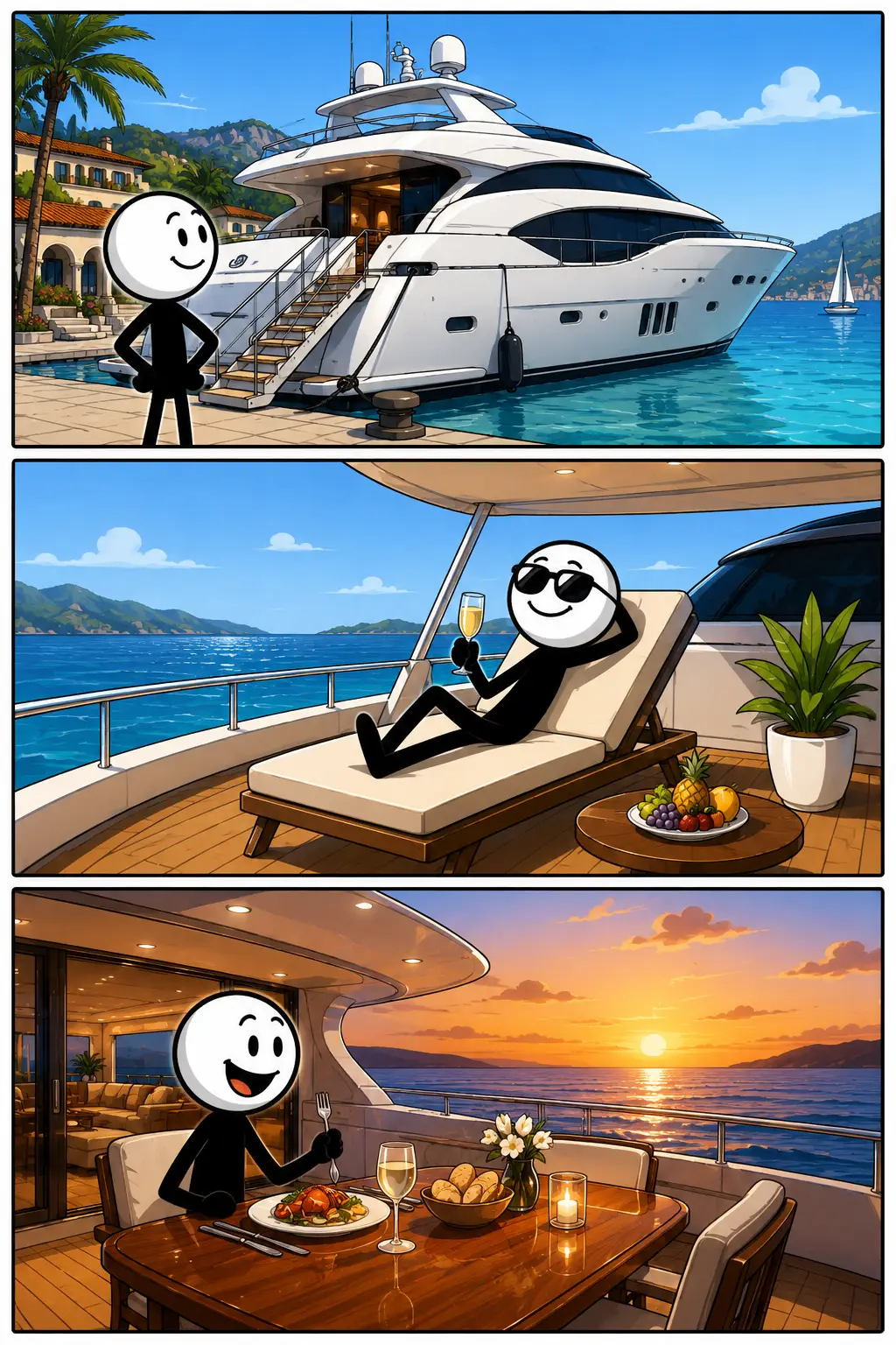 Stripafbeelding van een luxe jacht in drie panelen: een persoon bewondert een luxe jacht in de haven, ontspant vervolgens aan boord en geniet daarna van een sfeervol diner op het dek tijdens zonsondergang.