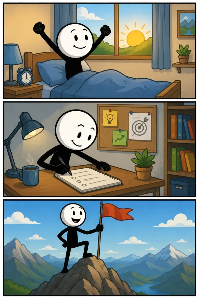 Motivatie – een strip met drie panelen waarin een figuur eerst twijfelt bij een uitdaging, daarna stap voor stap vooruitgaat en uiteindelijk tevreden een doel bereikt dankzij doorzettingsvermogen en enthousiasme.