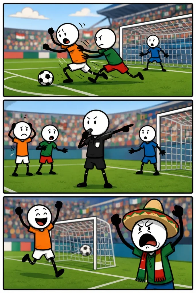 Toonwords-strip over No era penal met drie voetbalmomenten: een duel in het strafschopgebied, een scheidsrechter die een strafschop toekent en tegengestelde reacties van spelers en supporters na het beslissende moment.