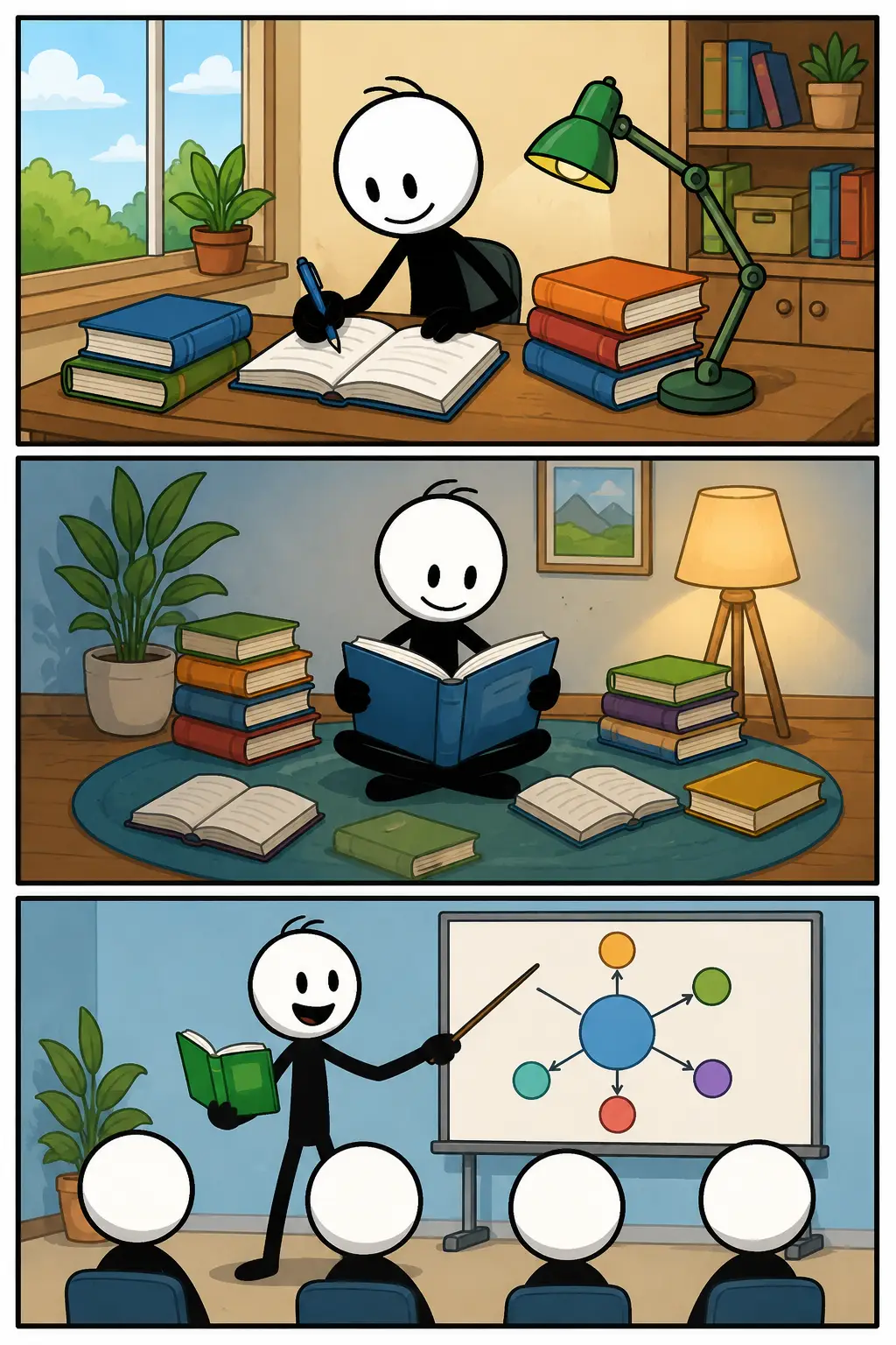 Toonwords-strip van Onderlegd: een stickman leert uit boeken, past kennis toe op een praktische situatie en laat daarna zelfverzekerd zien dat hij veel kennis en ervaring heeft opgebouwd.