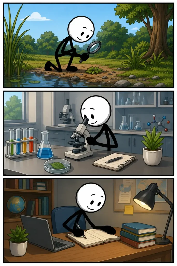 Onderzoek - Een stickman bekijkt aandachtig aanwijzingen, vergelijkt gevonden informatie en komt uiteindelijk tot een duidelijke conclusie. De strip laat zien hoe nieuwsgierigheid stap voor stap leidt tot nieuwe inzichten.