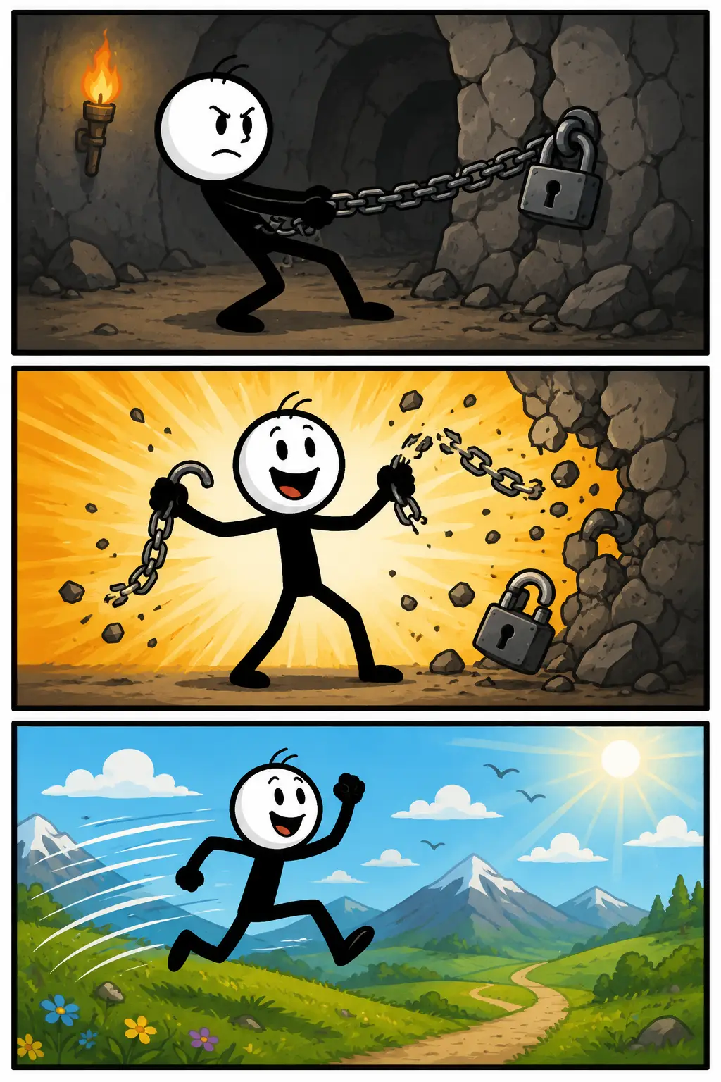 Ontketenen: een Toonwords-strip in drie panelen. In het eerste paneel ontdekt een stickman een krachtige mogelijkheid. In het tweede paneel zet hij iets in beweging waardoor energie en activiteit toenemen. In het derde paneel verspreidt het effect zich zichtbaar door de omgeving en ontstaat een sterke stroom van verandering, groei en nieuwe kansen.