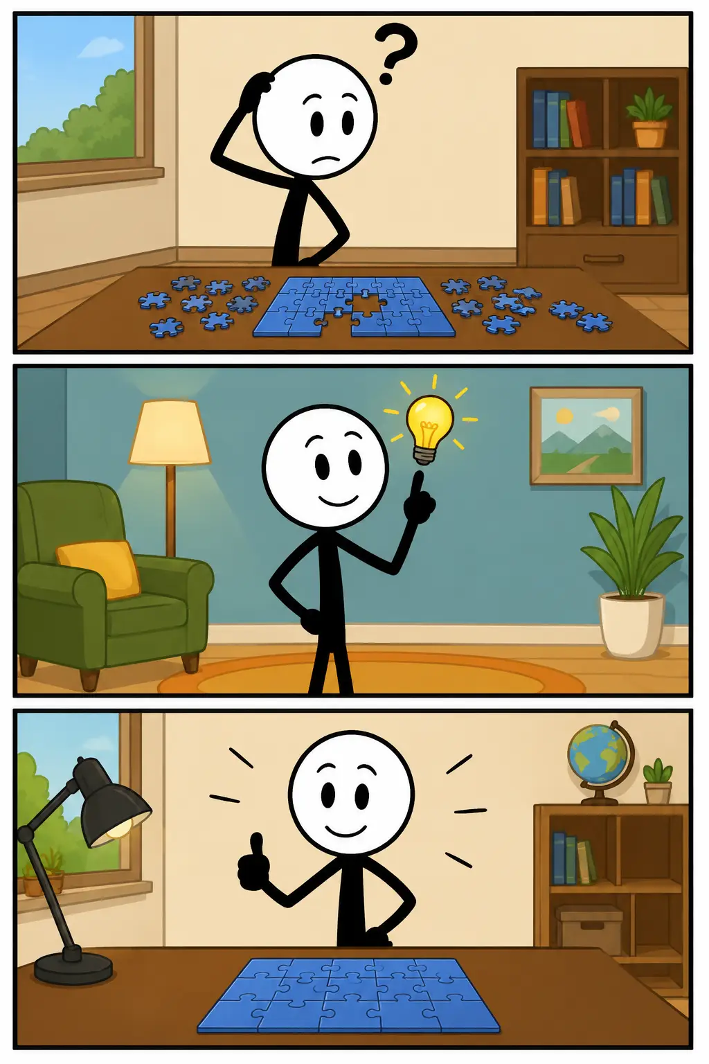 Driepanelige Toonwords-strip over Oplossing. In het eerste paneel staat een stickman in een werkplaats naast een ingewikkeld apparaat dat niet werkt. In het tweede paneel onderzoekt de stickman het probleem en probeert onderdelen aan te passen. In het derde paneel werkt het apparaat weer goed en kijkt de stickman tevreden naar het resultaat. De strip laat zien hoe een oplossing ontstaat door nadenken en handelen.