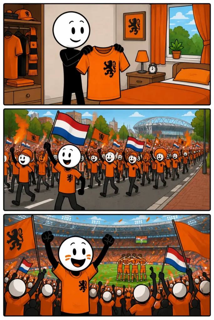 Stripafbeelding van het woord 'Oranjemars'. In drie panelen bereidt een stickman zich voor op een voetbalwedstrijd door een oranje shirt te pakken, loopt vervolgens mee in een grote oranje supportersmars richting het stadion en juicht daarna enthousiast voor het Nederlands elftal tussen duizenden supporters.