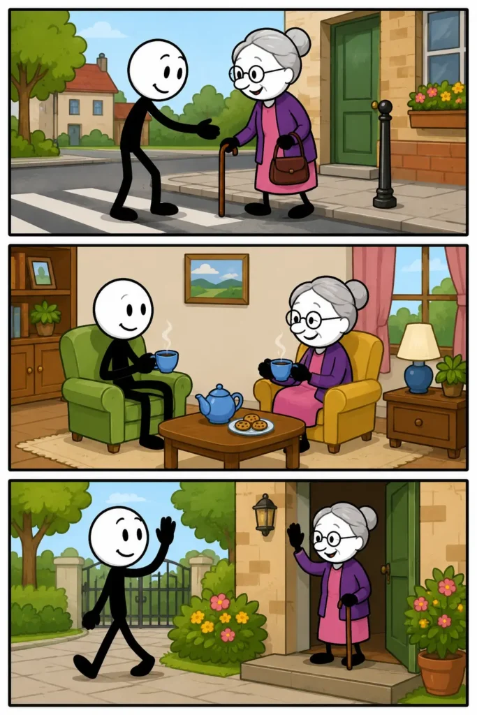 Oude dame: een vriendelijke oudere vrouw met grijs haar, bril en wandelstok ontmoet een stickman bij een zebrapad, drinkt samen thee in een gezellige woonkamer en zwaait vriendelijk uit bij de voordeur tussen bloemen en groen.