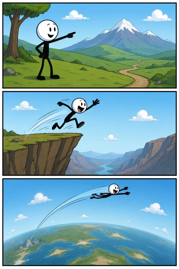 Overdrijven: een Toonwords-strip met drie panelen waarin een stickman steeds grotere sprongen maakt. Wat begint als een gewone aanwijzing in een berglandschap groeit uit tot een spectaculaire sprong over een kloof en eindigt met een overdreven vlucht hoog boven de aarde.