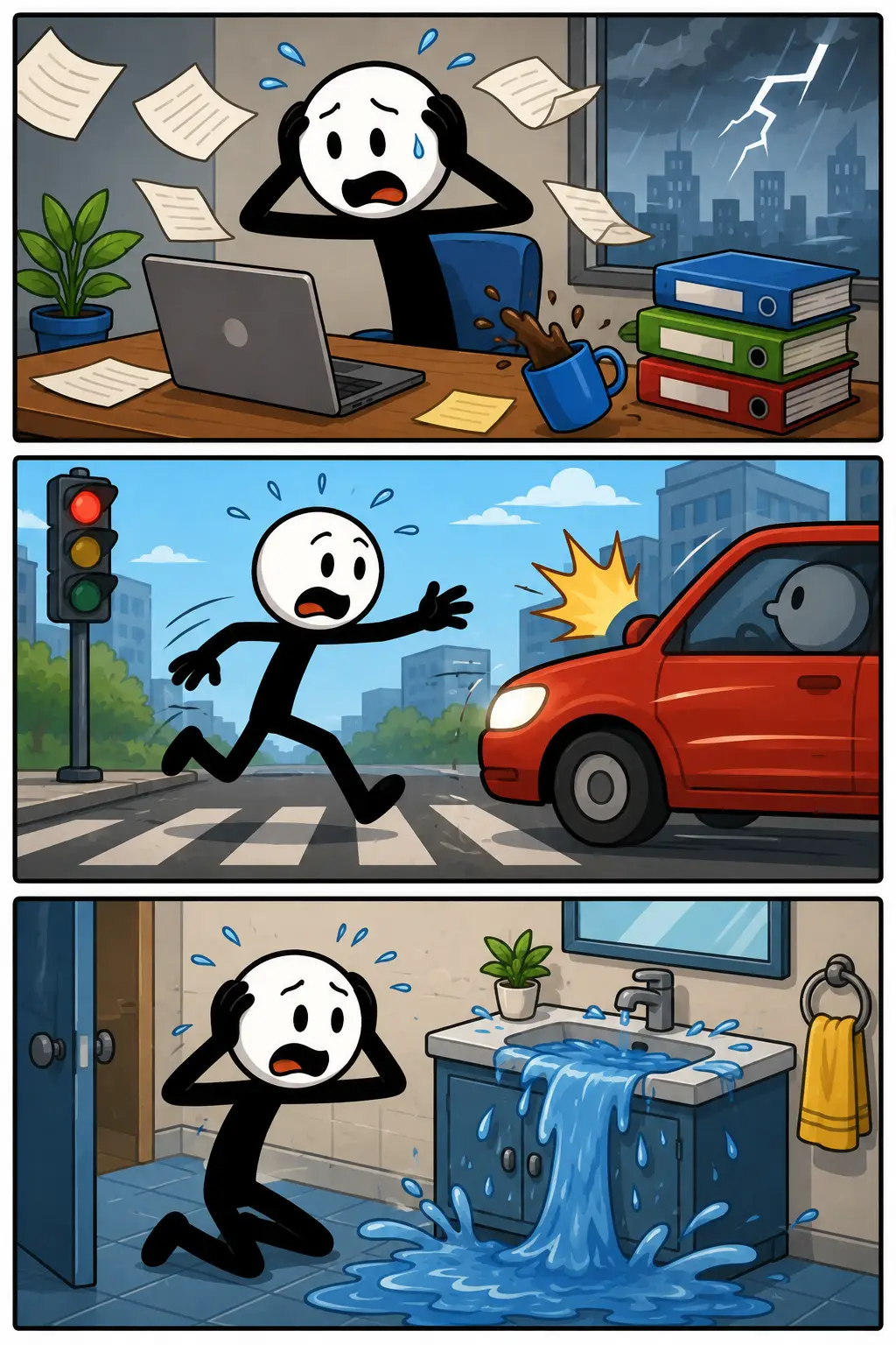 Paniek: een Toonwords-strip met drie panelen. Een stickman raakt zichtbaar overstuur terwijl problemen zich onverwacht opstapelen op verschillende locaties. Eerst ontstaat stress door een chaotische werksituatie, daarna volgt een schrikmoment in het verkeer en ten slotte een onverwachte wateroverlast. In alle drie de scènes reageert de stickman met haast, onrust en een gevoel van controleverlies.