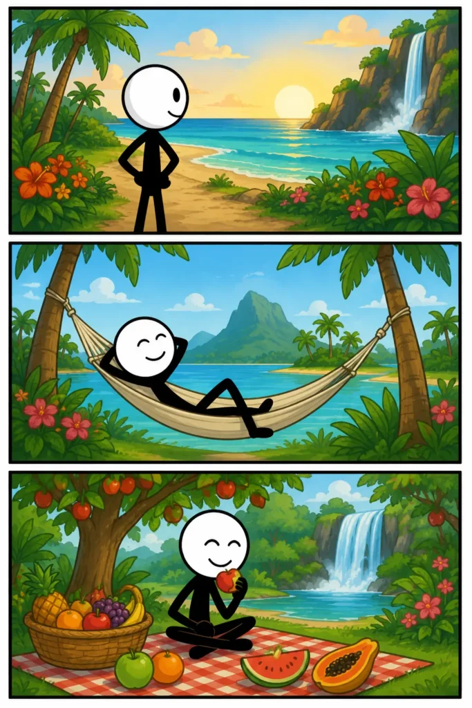 Driepanelige Toonwords-strip over Paradijs. In het eerste paneel staat een stickman tevreden aan een tropisch strand met bloemen, palmbomen en een waterval aan zee. In het tweede paneel ontspant de stickman in een hangmat tussen palmbomen met uitzicht op helder water en groene bergen. In het derde paneel geniet de stickman van fruit tijdens een picknick bij een rustige waterval. De strip laat een plek zien die rust, schoonheid, overvloed en geluk uitstraalt.