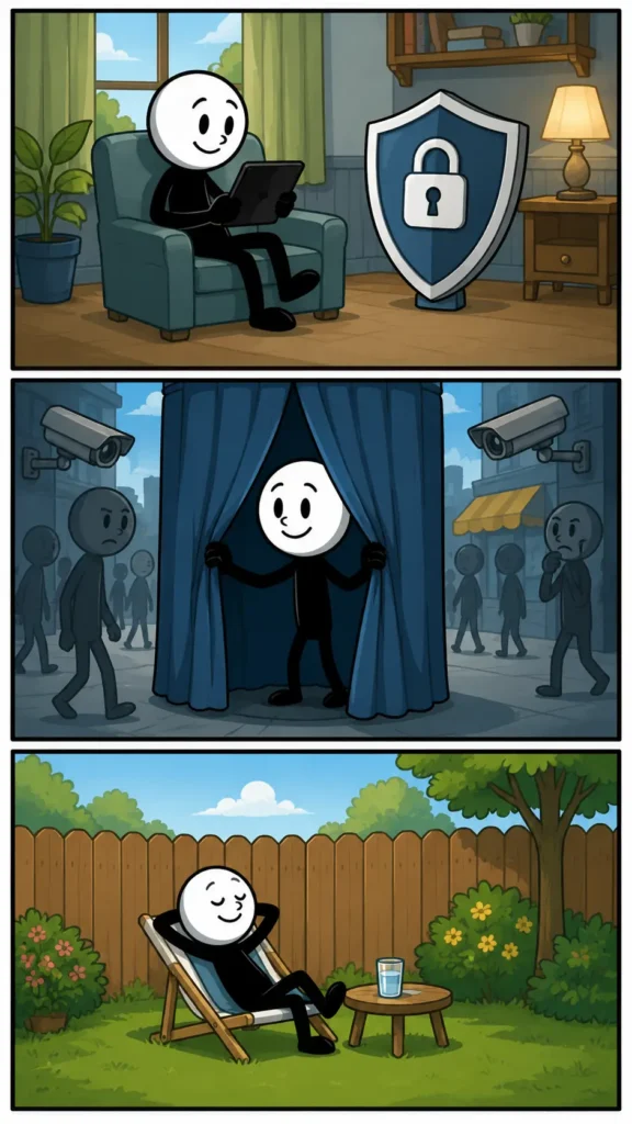 Stripafbeelding van Privacy in Toonwords-stijl. In drie panelen gebruikt een stickman persoonlijke ruimte op verschillende manieren. Eerst werkt hij rustig met een apparaat terwijl een schild bescherming symboliseert. Daarna schermt hij zichzelf af van nieuwsgierige blikken en camera’s. In het laatste paneel ontspant hij achter een afscherming in een rustige tuin. De afbeelding laat zien hoe privacy helpt om persoonlijke informatie, activiteiten en rust af te schermen van ongewenste inkijk.
