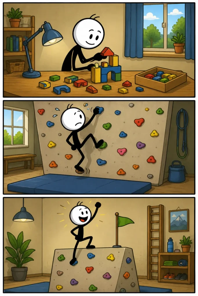 Toonwords-afbeelding van Proberen: een stickman werkt stap voor stap aan een uitdaging. In het eerste paneel begint hij vol goede moed aan een taak, in het tweede paneel ondervindt hij moeilijkheden en zet hij toch door, en in het derde paneel bereikt hij met een blije uitstraling zijn doel. De strip laat zien dat inspanning, oefening en doorzettingsvermogen kunnen leiden tot succes.