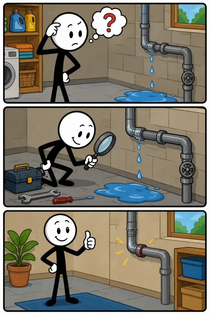 Probleem. Een Toonwords-strip met drie panelen onder elkaar. Een stickman komt een lastige situatie tegen, denkt na over een oplossing en voelt zich daarna opgelucht wanneer het probleem is aangepakt. Kleurrijke omgeving, zwarte kaders, witte kop en zwart lichaam, positieve Toonwords-stijl.