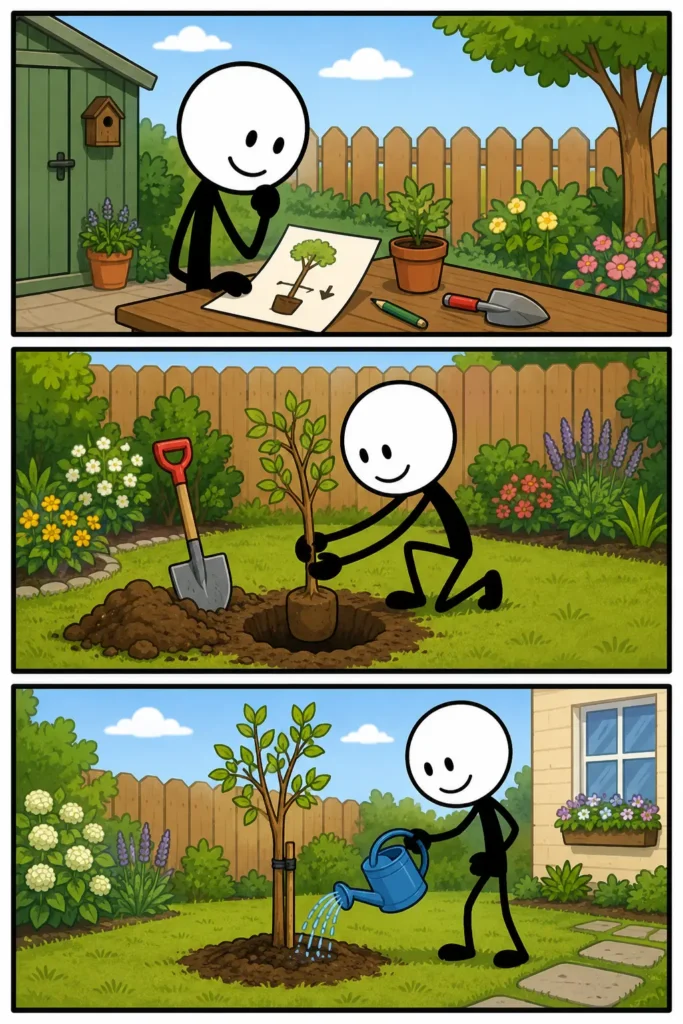 Proces: een Toonwords-strip met drie panelen onder elkaar. In een kleurrijke tuin denkt een stickman eerst na over een plan aan een tafel met een tekening. Daarna plant hij een jonge boom in een gegraven gat. In het laatste paneel geeft hij de boom water. De afbeelding laat zien hoe een doel stap voor stap wordt uitgevoerd van voorbereiding naar uitvoering en verzorging.