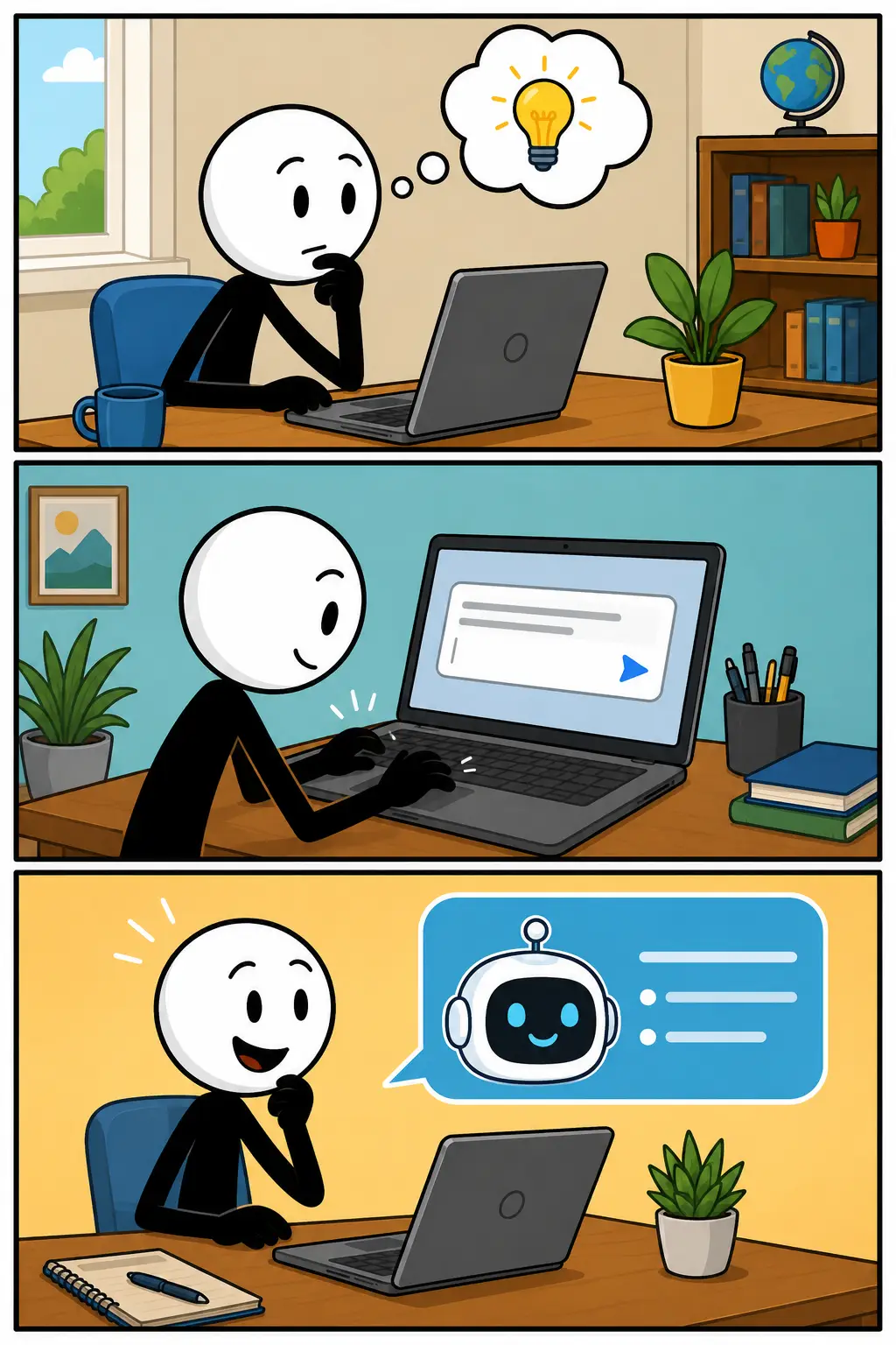Prompt-strip met drie panelen: een stickman bedenkt een idee achter een laptop, voert een instructie in op een scherm en ontvangt daarna een nuttig antwoord van een digitale assistent. De omgeving wisselt per paneel en laat het proces van een prompt naar een resultaat zien.