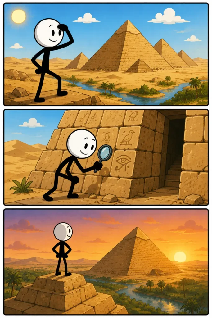 Pyramide: een stickman ontdekt grote pyramides in een woestijnlandschap. In het eerste paneel bewondert hij de indrukwekkende bouwwerken van een afstand. In het tweede paneel onderzoekt hij aandachtig de stenen en symbolen bij een ingang. In het derde paneel kijkt hij tevreden uit over een pyramide tijdens een warme zonsondergang. De strip laat zien hoe oude monumenten nieuwsgierigheid, onderzoek en bewondering kunnen oproepen.