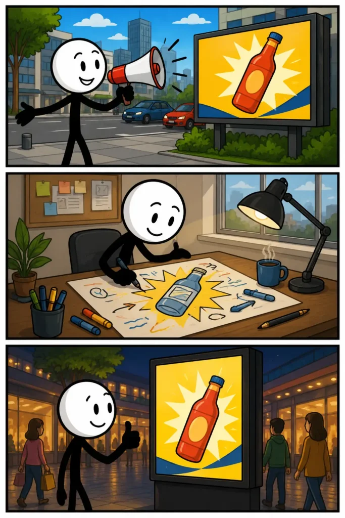 Reclame: een Toonwords-strip met drie panelen onder elkaar. In het eerste paneel wordt aandacht gevraagd voor een product op een drukke plek. In het tweede paneel wordt een opvallende promotie ontworpen aan een bureau. In het derde paneel verschijnt de boodschap groot in het openbaar terwijl voorbijgangers ernaar kijken. De afbeelding laat zien hoe reclame wordt bedacht, gemaakt en zichtbaar wordt voor een breed publiek.