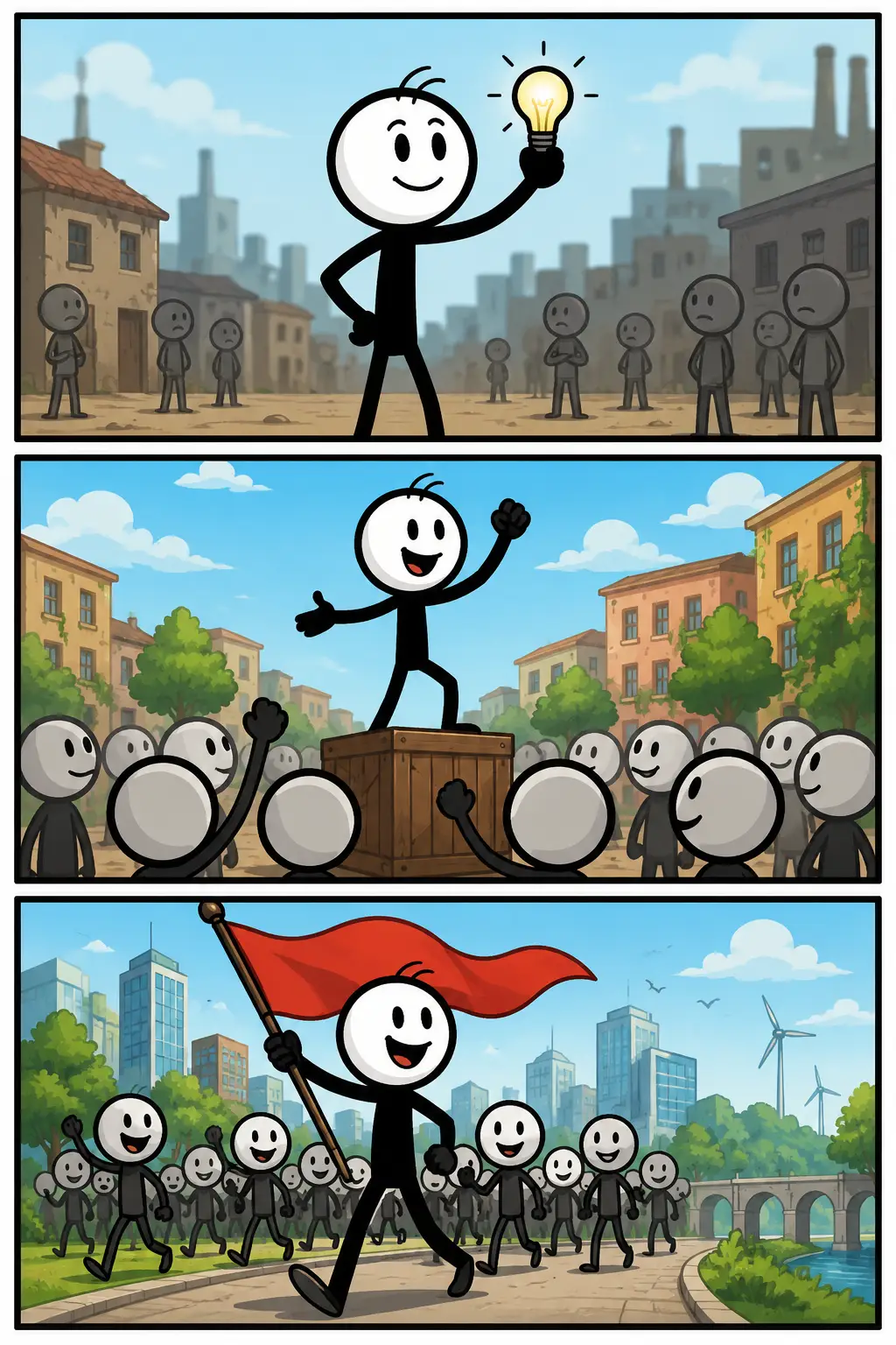 Revolutionair: een Toonwords-strip in drie panelen. In het eerste paneel krijgt een stickman een nieuw idee bij een modern apparaat. In het tweede paneel bouwt hij iets vernieuwends terwijl anderen geïnteresseerd toekijken. In het derde paneel wordt de uitvinding breed gebruikt in een levendige omgeving, waardoor zichtbaar wordt hoe een revolutionair idee een grote verandering teweegbrengt.