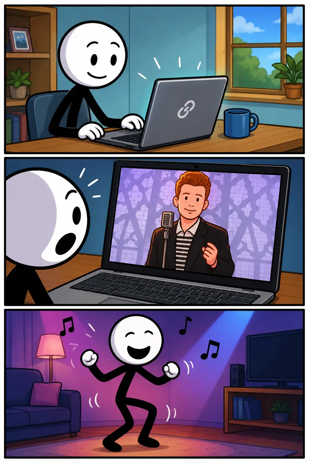 Een kleurrijke Toonwords-strip over Rickroll met drie panelen. Een stickman opent nieuwsgierig een link op een laptop, ontdekt onverwacht een beroemde muziekvideo en eindigt vrolijk dansend in de woonkamer. De strip laat op humoristische wijze zien hoe een onschuldige klik verandert in een bekende internetgrap die miljoenen mensen wereldwijd herkennen.