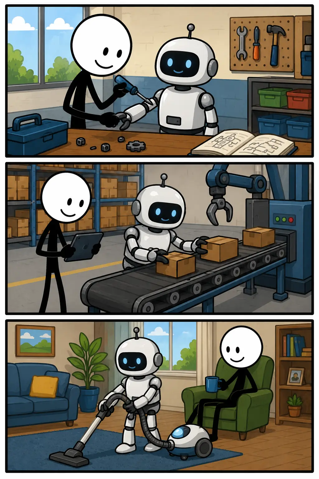 Robot: een Toonwords-strip met drie panelen onder elkaar. Een vriendelijke robot wordt voorbereid op een taak, voert vervolgens werkzaamheden uit en helpt daarna samen met een stickman bij het verwerken van informatie. De afbeelding laat zien hoe een robot opdrachten uitvoert, mensen ondersteunt en geprogrammeerde handelingen stap voor stap kan uitvoeren.