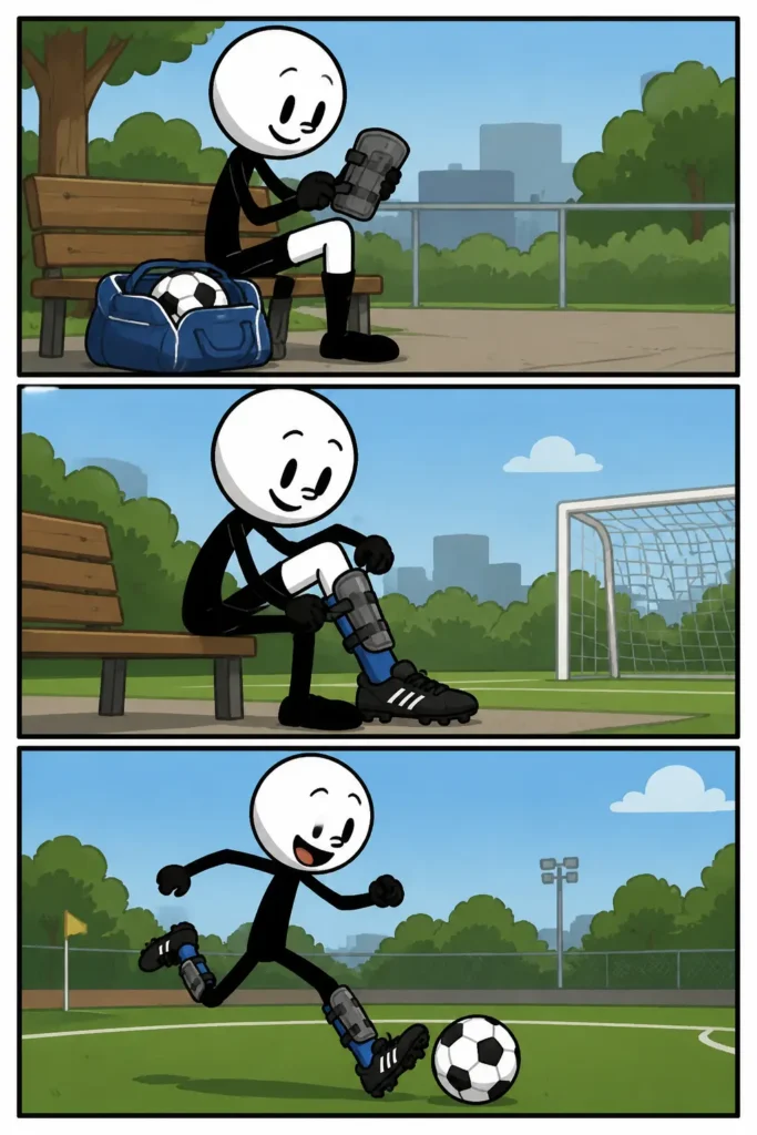 Scheenbeschermer in een driepanelen stripafbeelding waarin een sporter scheenbeschermers aantrekt en daarna op een voetbalveld speelt.