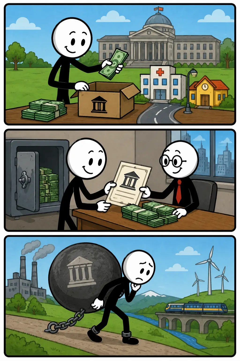 Staatsschuld. Een Toonwords-strip met drie panelen onder elkaar. Een stickman vertegenwoordigt een overheid die geld uitgeeft, vervolgens extra middelen leent om plannen voort te zetten en daarna de gevolgen van openstaande schulden beheert. Kleurrijke omgeving, zwarte kaders, witte kop en zwart lichaam, positieve Toonwords-stijl.