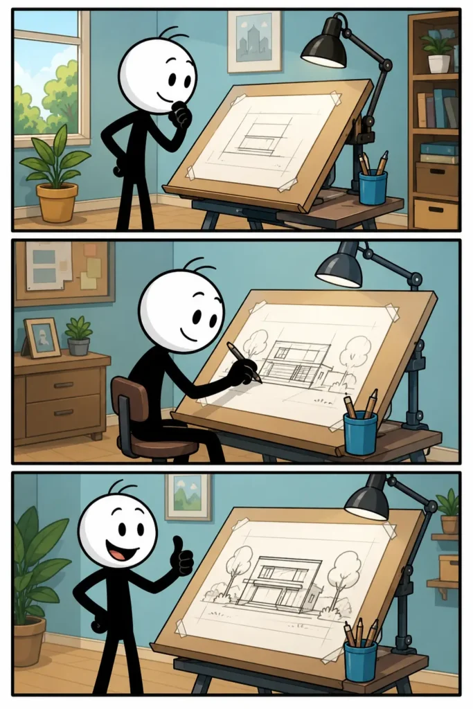 Een vrolijke stickman werkt aan een tekentafel: eerst nadenkend bij een ontwerp, daarna geconcentreerd tekenend en tenslotte trots naast de voltooide tekening in een creatieve werkruimte.
