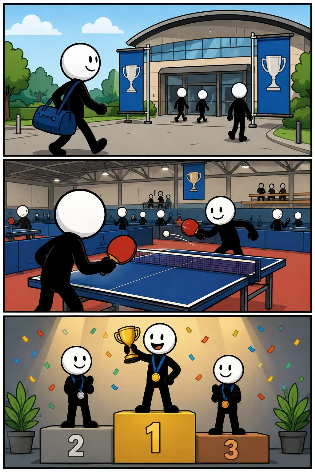 Toernooi. In drie strippanelen bezoekt een stickman een sporthal voor een wedstrijdtoernooi, speelt een spannende tafeltenniswedstrijd en staat daarna blij op de eerste plaats van een podium met een beker en medaille terwijl andere deelnemers applaudisseren.