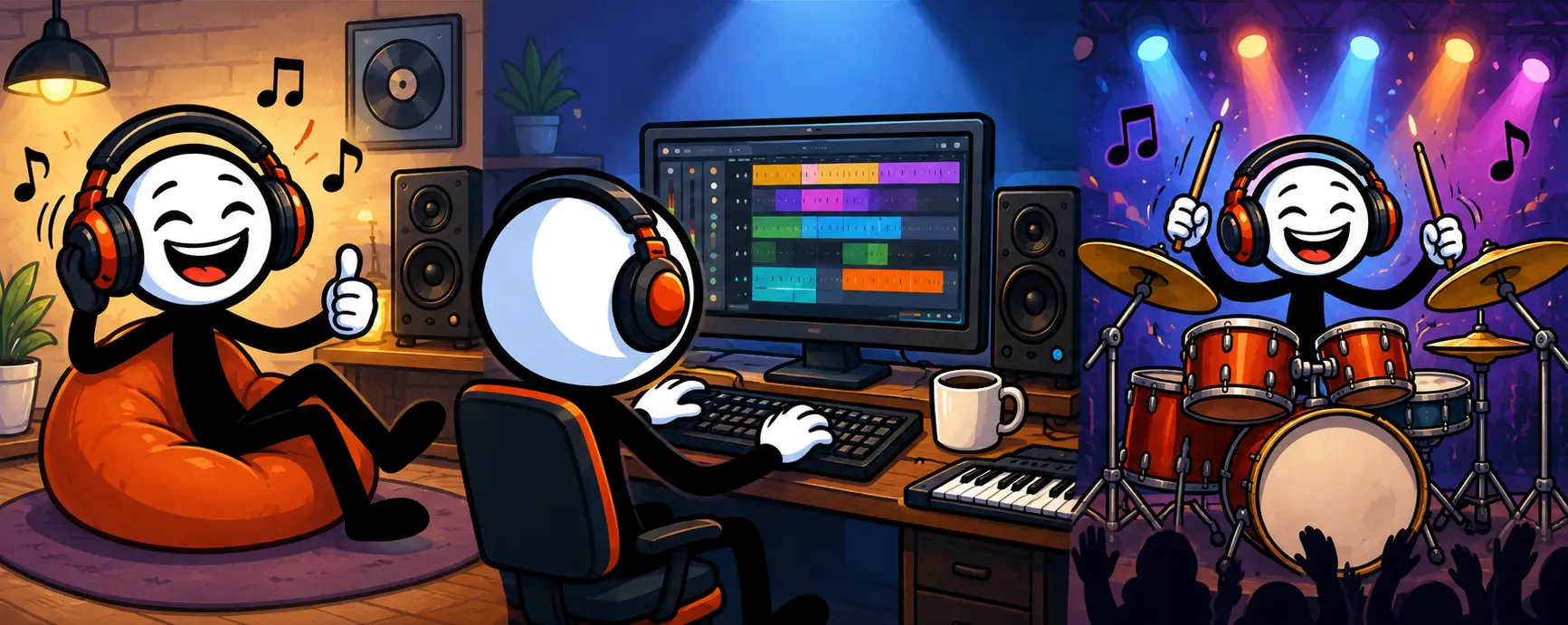 Brede Toonwords Music-afbeelding met een vrolijke muziekfiguur met koptelefoon die ontspannen naar muziek luistert, vervolgens een nummer produceert op een computer met muzieksoftware en daarna enthousiast drumt op een verlicht podium voor een publiek.