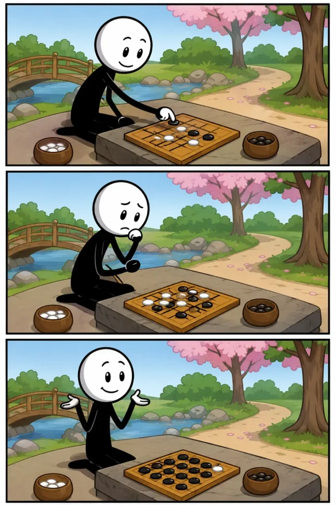 Verliezen: een Toonwords-strip met drie panelen onder elkaar. In een park met een brug, beek en bloeiende bomen speelt een stickman een bordspel. Eerst maakt hij een zet met een tevreden glimlach. Daarna kijkt hij bezorgd naar het speelbord wanneer de situatie minder gunstig wordt. In het laatste paneel heeft hij verloren, maar haalt vriendelijk zijn schouders op en accepteert de uitkomst met een positieve houding.