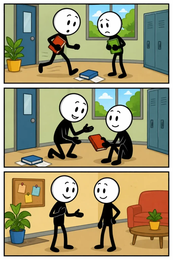 Verontschuldiging. Een stickman beseft dat er iets is misgegaan tijdens een ontmoeting. Daarna wordt op een vriendelijke manier spijt getoond en uitleg gegeven. In het laatste paneel ontstaat weer een goede sfeer doordat begrip en vergeving zorgen voor een positief vervolg van het contact.