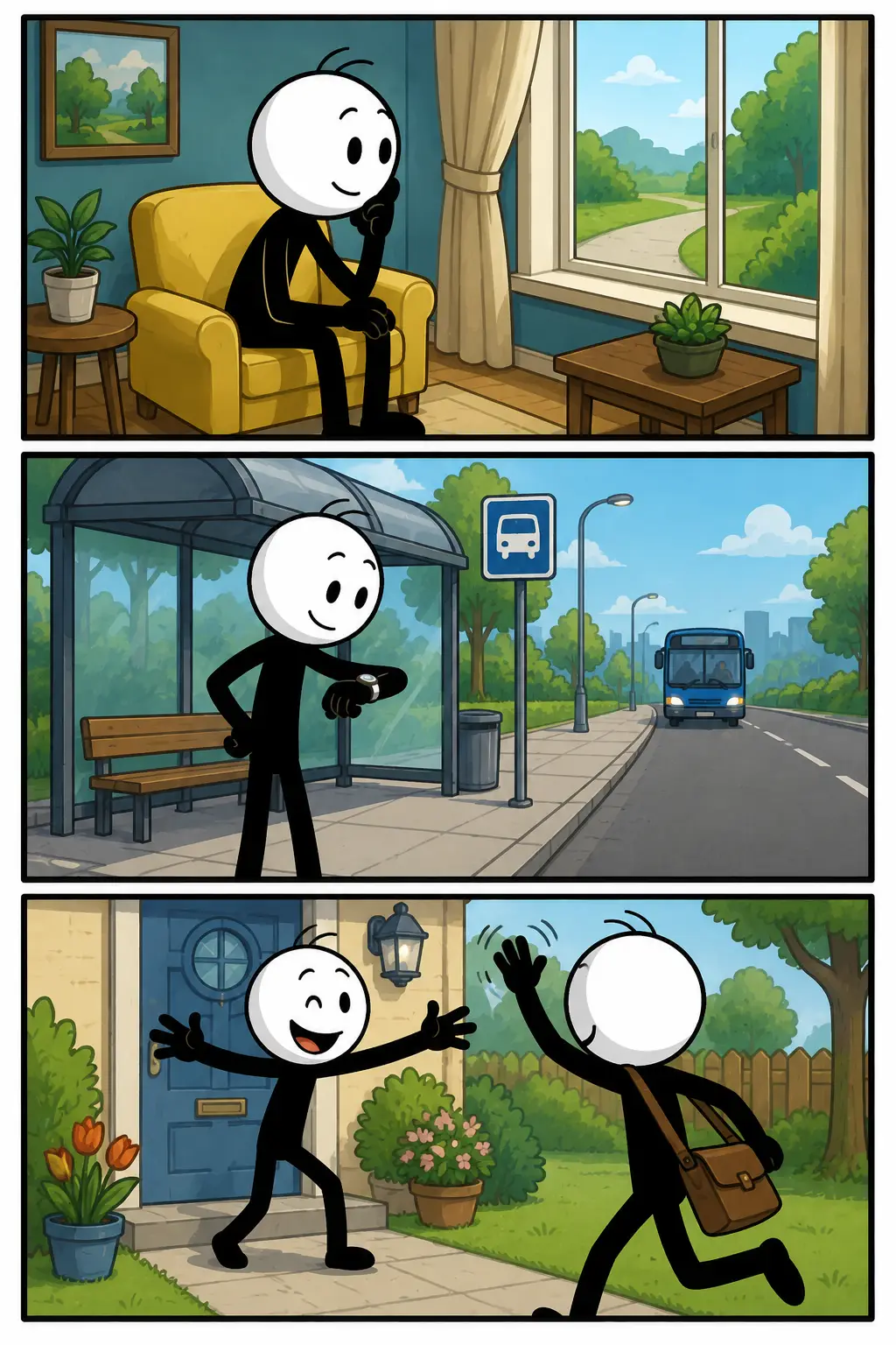 Een stickman laat het woord verwachten zien door eerst rustig uit het raam te kijken, daarna vol geduld te wachten bij een bushalte en uiteindelijk blij iemand te begroeten die aankomt.