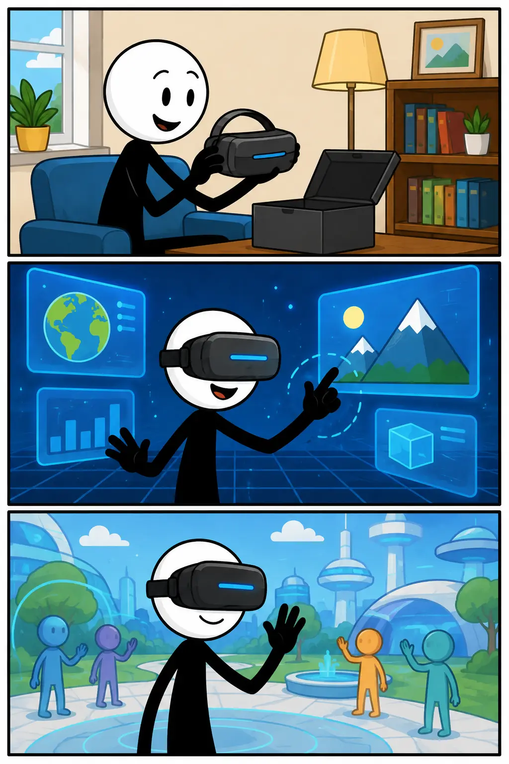 Virtueel. Een stickman gebruikt digitale technologie in een virtuele omgeving. In het eerste paneel zet hij een VR-bril op, in het tweede paneel beweegt hij zich door een digitale wereld met zwevende objecten en in het derde paneel communiceert hij met virtuele elementen alsof ze echt aanwezig zijn.