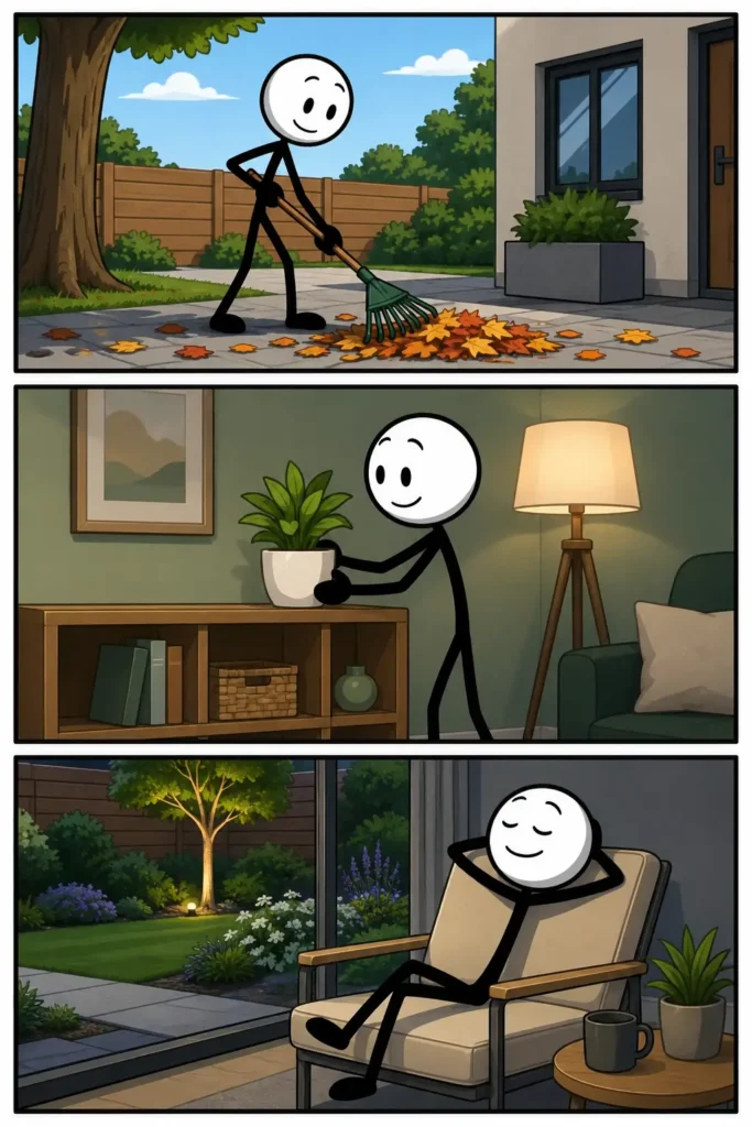 Voldoening - Een stickman werkt in een kleurrijke werkplaats aan een project, rondt het af en kijkt daarna tevreden naar het eindresultaat. De sfeer verandert van inspanning naar trots en innerlijke rust.