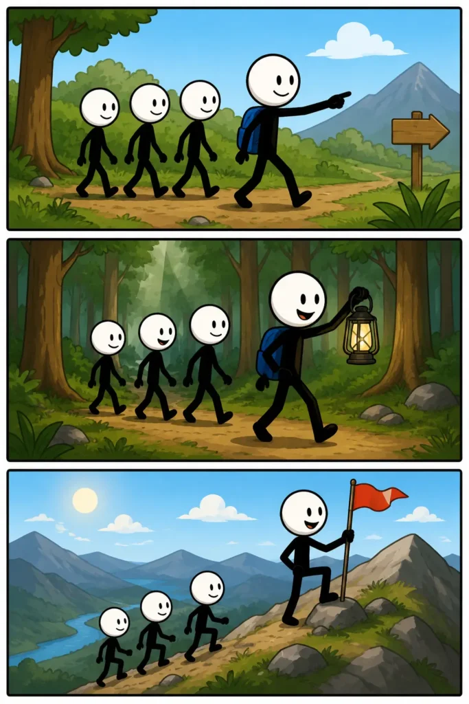 Volgen: een Toonwords-strip met drie panelen. Een groep stickmannen loopt achter een voorloper aan over een natuurpad. Daarna volgen zij dezelfde route door een bos terwijl de leider de weg zichtbaar maakt. In het laatste paneel beklimt de groep een berghelling en bereikt gezamenlijk een hoger gelegen bestemming onder leiding van degene voorop.