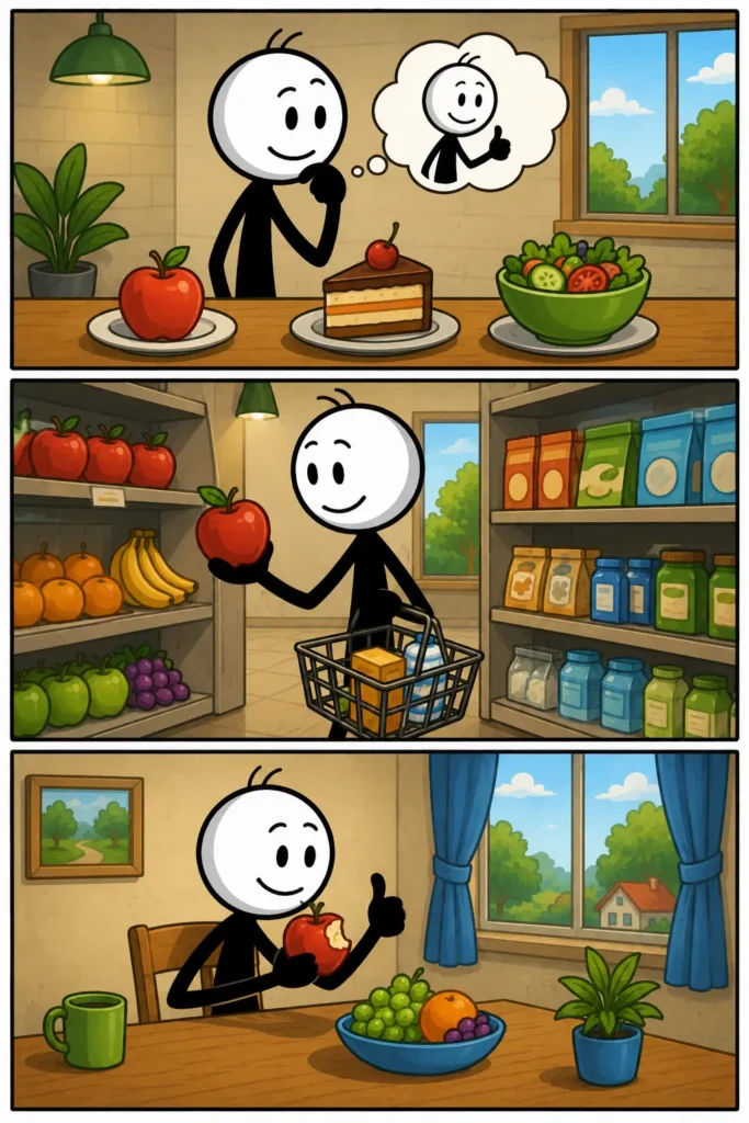 Toonwords-afbeelding van Voorkeur: een stickman vergelijkt verschillende mogelijkheden en denkt na over een keuze. In het tweede paneel selecteert hij één optie die hem het meest aanspreekt. In het derde paneel geniet hij tevreden van zijn beslissing. De strip laat zien hoe voorkeur ontstaat door vergelijken, kiezen en waarderen.