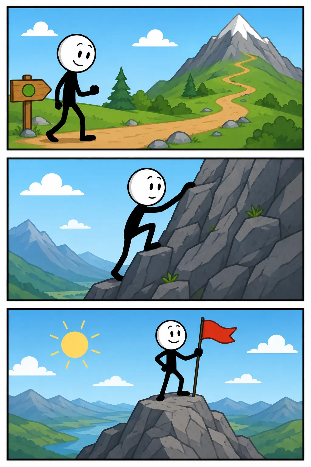 Vorderen. Een stickman werkt stap voor stap aan een doel in een modern trainingscentrum. Eerst wordt begonnen met een eenvoudige taak, daarna groeit de vooruitgang zichtbaar tijdens het oefenen. In het laatste paneel bereikt de stickman een hoger niveau en straalt tevredenheid uit door de behaalde resultaten.