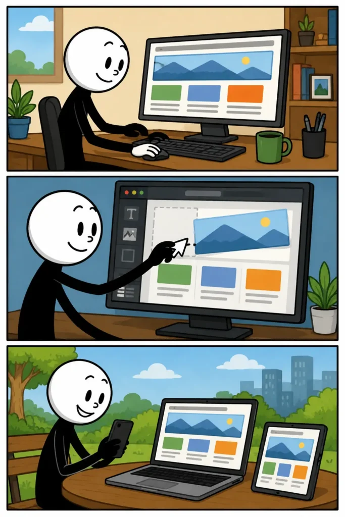 Website. Drie panelen onder elkaar. Een Toonwords-stickman met witte kop, twee ogen en een mond werkt aan een website op een computer. In het tweede paneel bekijkt hij het resultaat op een scherm. In het derde paneel gebruikt een bezoeker de website via internet. Elk paneel toont een andere stap van het maken en gebruiken van een website, met een zwart kader en een kleurrijke omgeving.