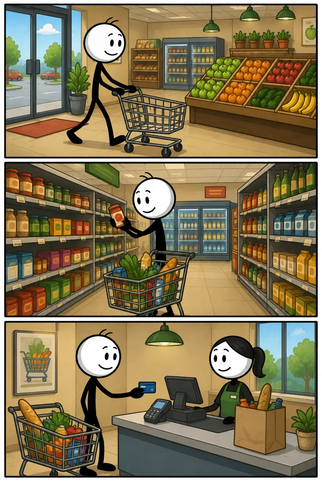 Toonwords-afbeelding van Winkel: een stickman bezoekt een winkel in drie opeenvolgende momenten. Eerst bekijkt hij het aanbod, daarna kiest hij producten uit en ten slotte verlaat hij tevreden de winkel met zijn aankoop. De strip laat zien hoe een winkel mensen helpt om goederen te vinden, vergelijken en meenemen.
