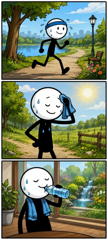 Stripafbeelding van Zweet in drie panelen: een stickman rent met zweetdruppels door een park, dept daarna zijn voorhoofd af met een handdoek in de zon en drinkt vervolgens binnen een fles water terwijl hij afkoelt na de inspanning.