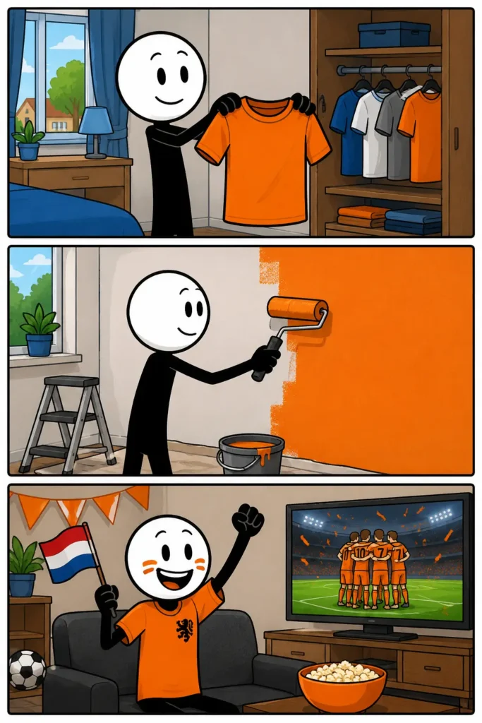 Drie panelen in Toonwords-stijl over het woord 'Oranje'. In het eerste paneel houdt een vrolijke stickman een feloranje T-shirt vast voor een kledingkast. In het tweede paneel verft dezelfde stickman een muur met een verfroller helemaal oranje. In het derde paneel juicht de stickman in een oranje Nederlands voetbalshirt met een Nederlandse vlag terwijl op de televisie het Nederlands elftal te zien is. Alle panelen hebben een verschillend decor en tonen het gebruik van de kleur oranje in kleding, verf en sportbeleving.